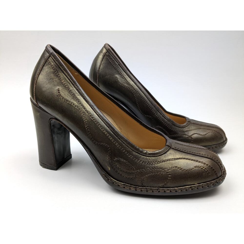 Dries Van Noten Women's Brown Bronzed Leather Pumps, Vintage, Sz 38.5